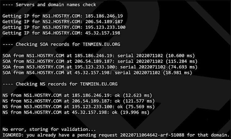 Check connection of Name Servers with domain eu.org