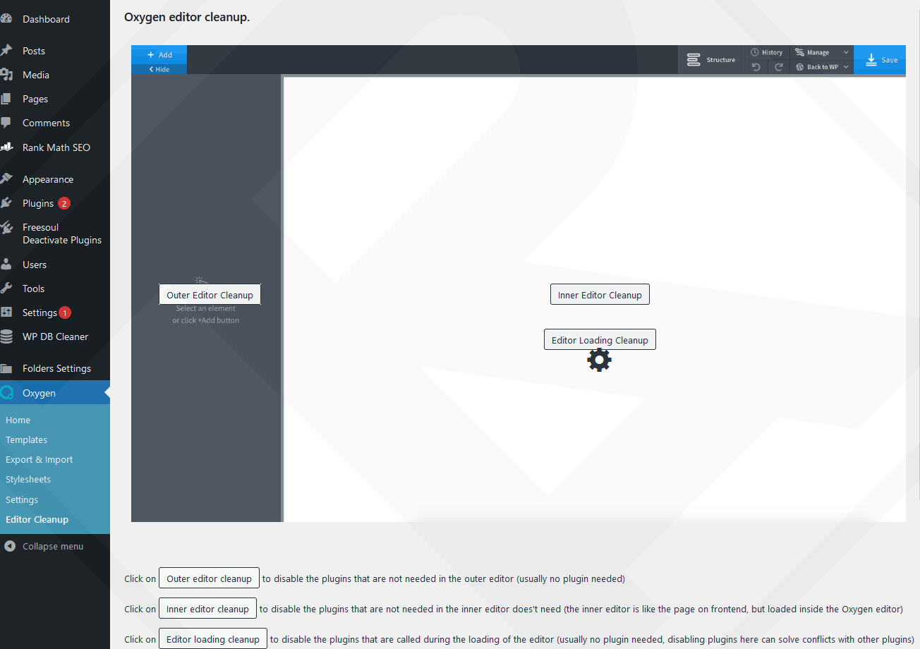 Select the area to disable the plugin in Oxygen Builder