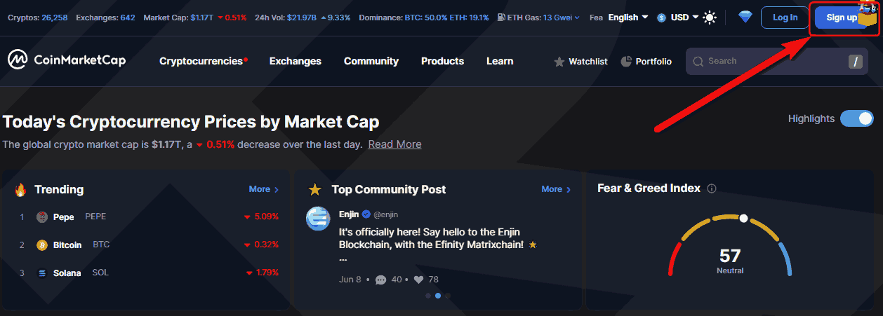 Sign up for an account CoinMarketCap