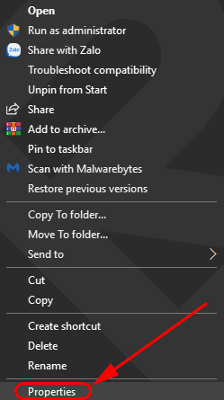 Properties context menu