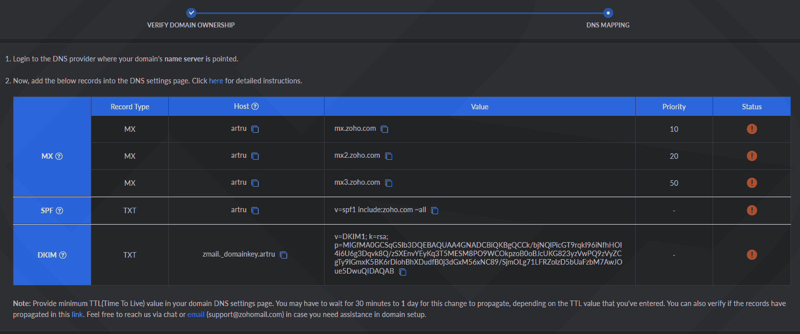 Add MX SPF DKIM Zoho mail records