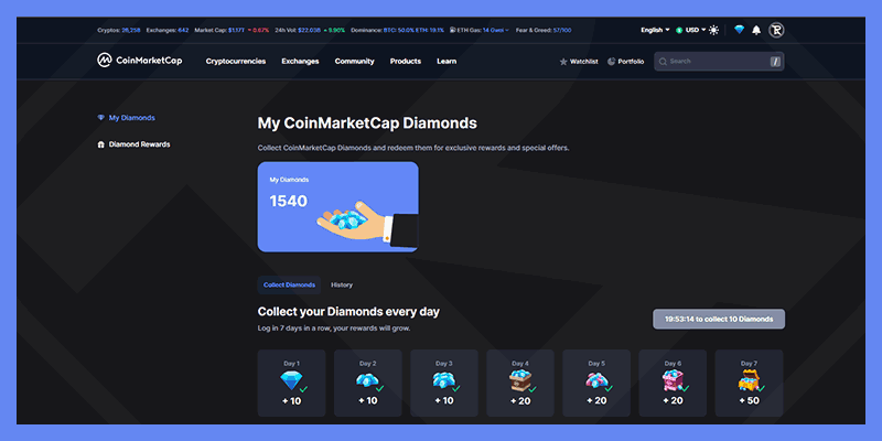 Collect Diamonds Every Day on CoinMarketCap