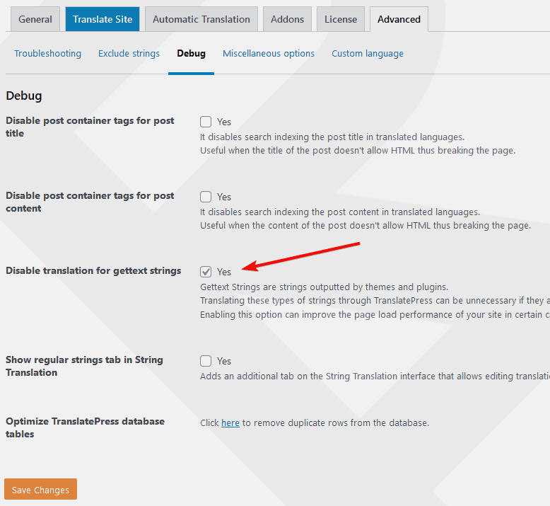 Disable translation for gettext strings