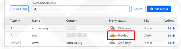 Create Record A for CDN subdomain