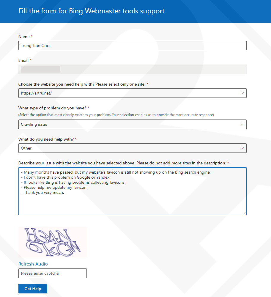 Create a Bing Webmaster Tools Favicon support ticket