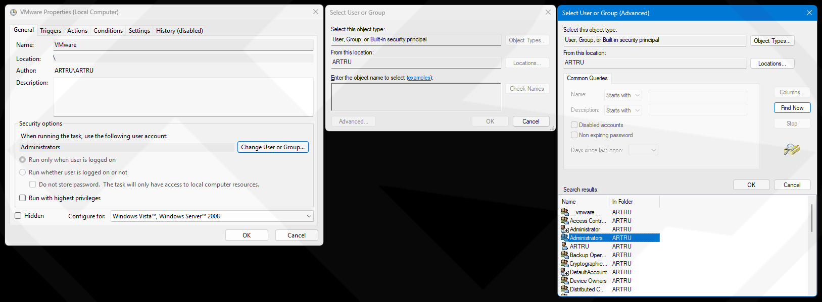 Assign Administrators permissions in Task Scheduler for VMrun.cmd